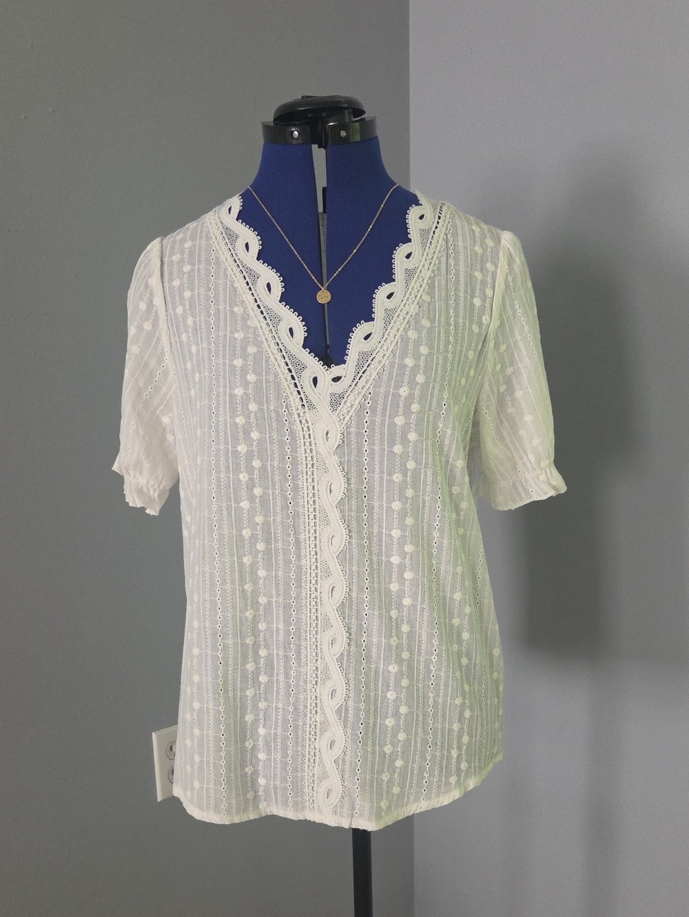 Cream Lace-Detail V-Neck Blouse